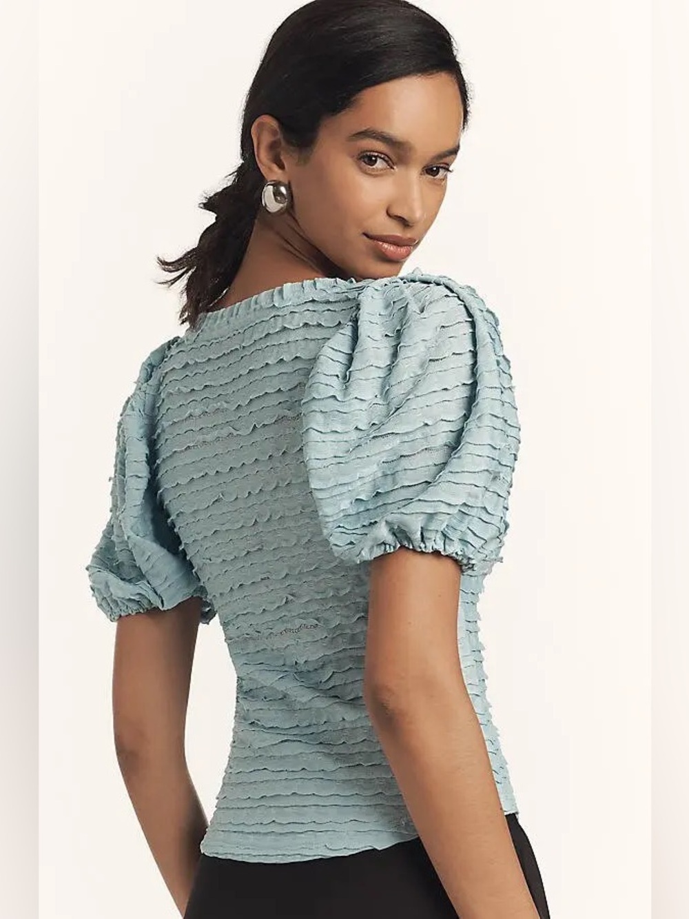 Anthropologie Romantic Textured Puff Sleeve Top in Light Blue